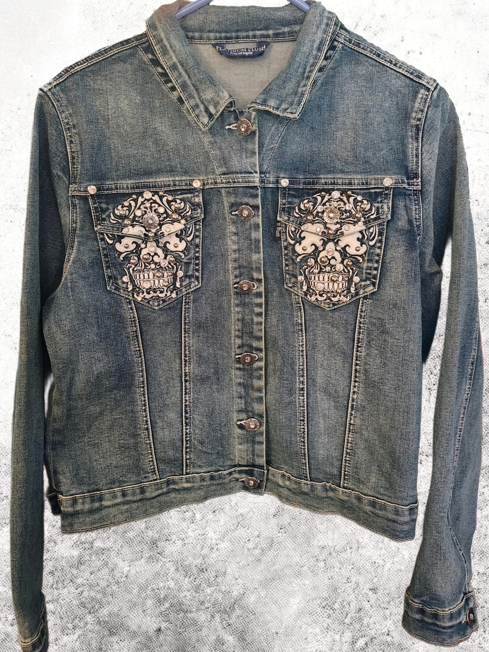 Platinum Plush Rhinestone Skull Denim Jacket Large Like New